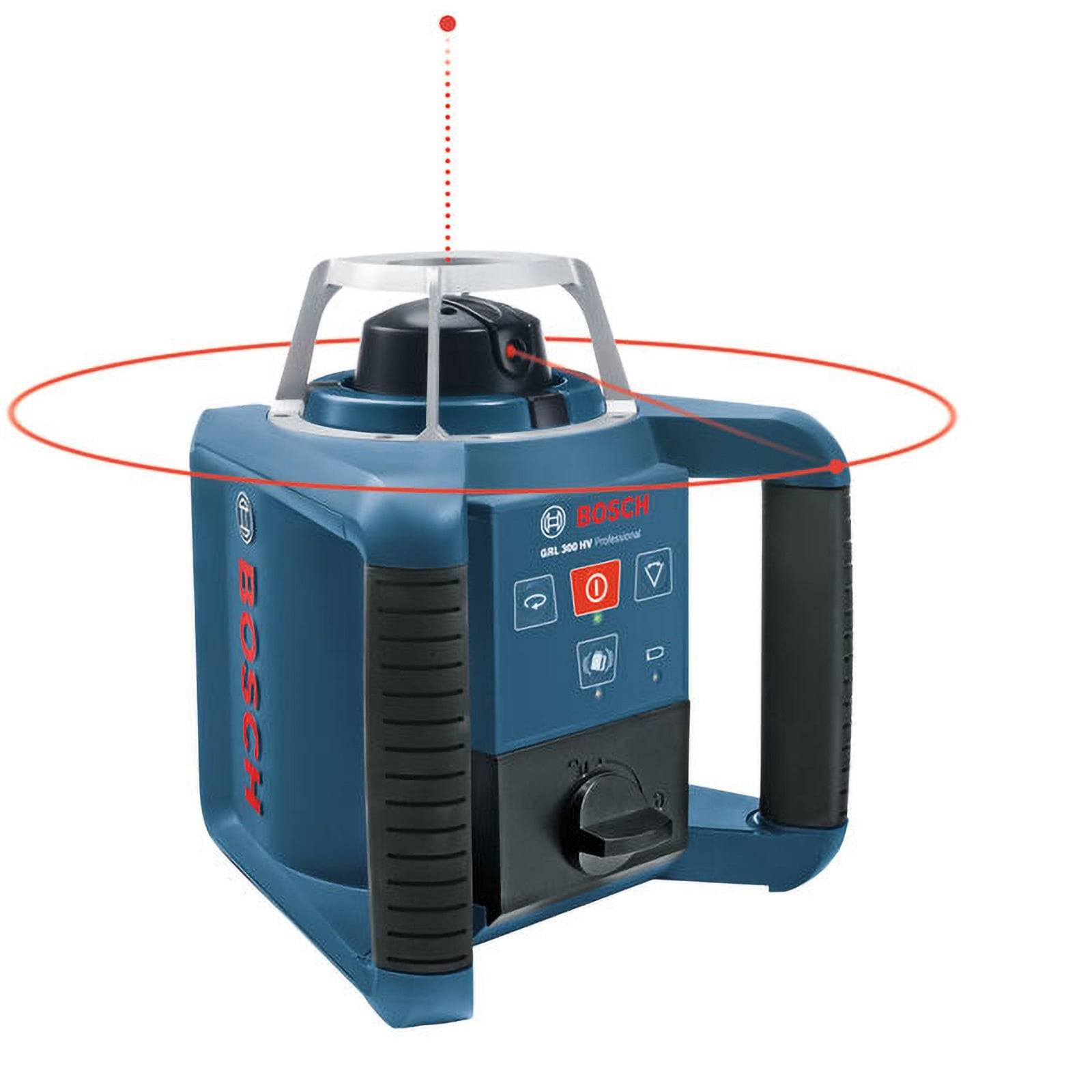 Ein Bosch-Rotationslaser mit einem roten Laserstrahl ist positioniert und zeigt die Nivellierungsfähigkeit an. Wird für Ausrichtungsaufgaben in der Baubranche verwendet.