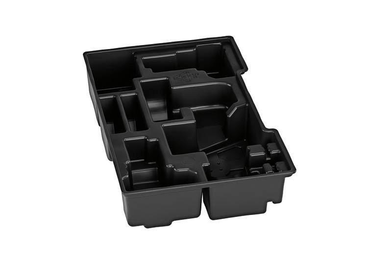 Ein schwarzes, unterteiltes Plastikablage mit Abteilungen in verschiedenen Größen, konzipiert zum Organisieren und Aufbewahren von Werkzeugen oder Komponenten.