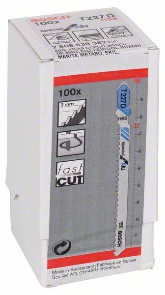 Sägeblatt-Verpackung zeigt ein T27D-Modell, 100 mm lang, aus Schnellarbeitsstahl, gekennzeichnet für schnelles Schneiden und geeignet für Holz, Metall und Kunststoff.