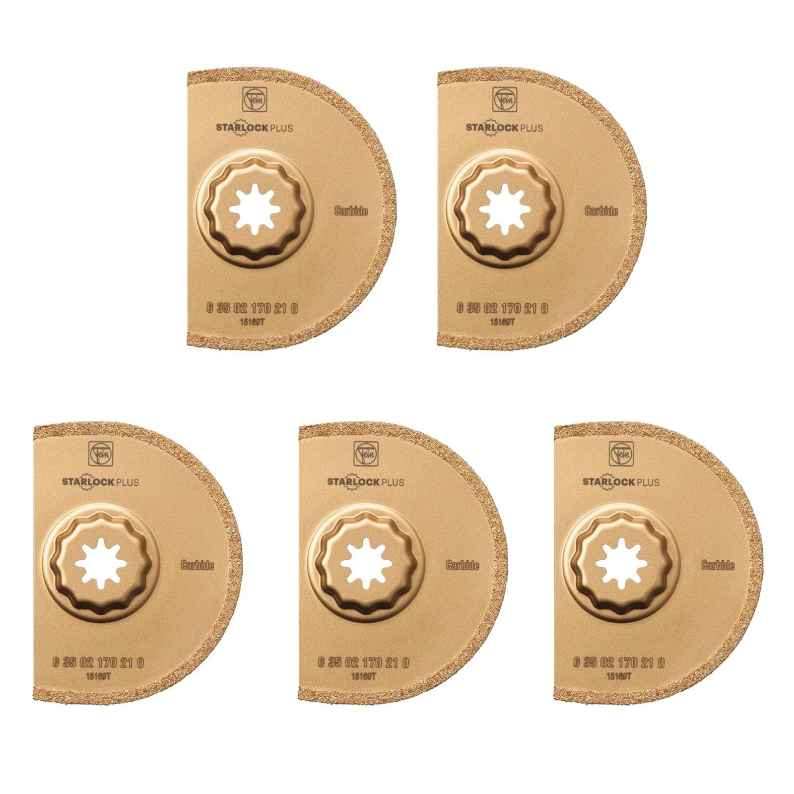 „Satz von fünf oszillierenden Multitool-Klingen, Starlock Plus, halbmondförmig, goldfarben, aus Hartmetall, zum Schneiden und Schleifen.