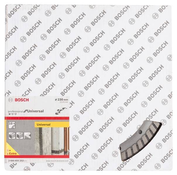 Das Bild zeigt eine Bosch-Verpackung für ein 230 mm Universal-Diamanttrennscheibe, die zum Schneiden verschiedener Baumaterialien vorgesehen ist.
