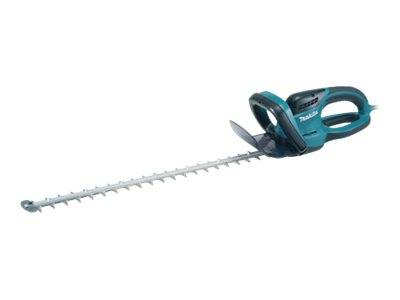 Kabelloses elektrisches Heckenschneider mit langem Messer und hinterem Griff, dargestellt auf weißem Hintergrund.