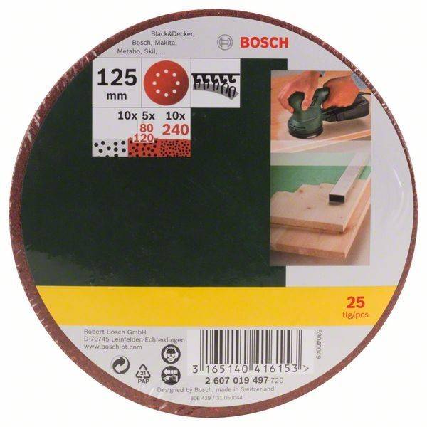 Bosch Schleifscheiben-Packung mit 25 Stück für verschiedene Werkzeuge. Durchmesser 125 mm, Körnungen 80 und 240. Abbildung der Scheibe und Anwendung dargestellt.