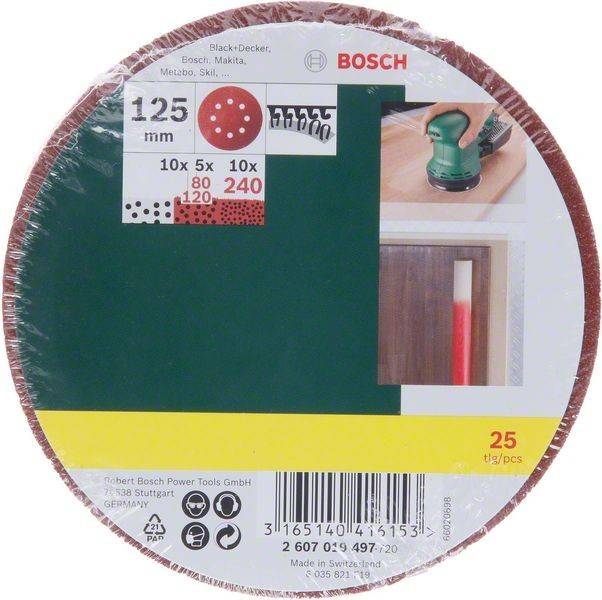 Ein Satz Bosch Schleifscheiben, 125 mm, mit 25 Stück in verschiedenen Körnungen von 80, 120 und 240, geeignet für verschiedene Schleifmaschinen.