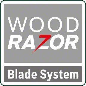 Logo des 'WOOD RAZOR Blade System' mit fetter Schrift und einem stilisierten roten Buchstaben 'Z' auf grauem Hintergrund.