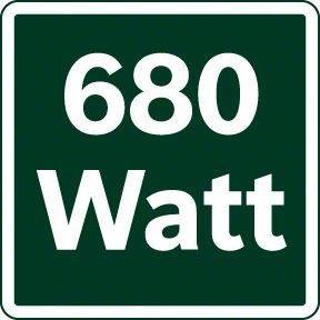 Ein dunkelgrünes Quadratschild mit weißem Rand, auf dem '680 Watt' in fetter, weißer Schrift angezeigt wird.