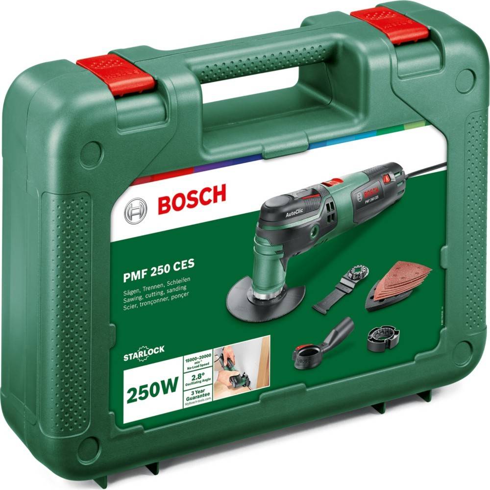 Grüner Bosch PMF 250 CES Werkzeugkoffer, der ein Bild des Multifunktionswerkzeugs mit Aufsätzen zum Schneiden, Schleifen und Abschaben zeigt. Inklusive technischer Spezifikationen.