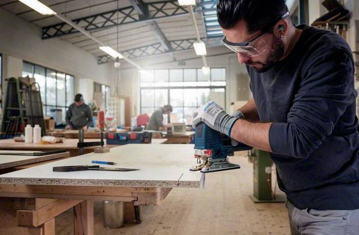 Ein Holzarbeiter mit Sicherheitsbrille verwendet eine Säge, um ein Holzstück in einer gut beleuchteten Werkstatt zu schneiden.