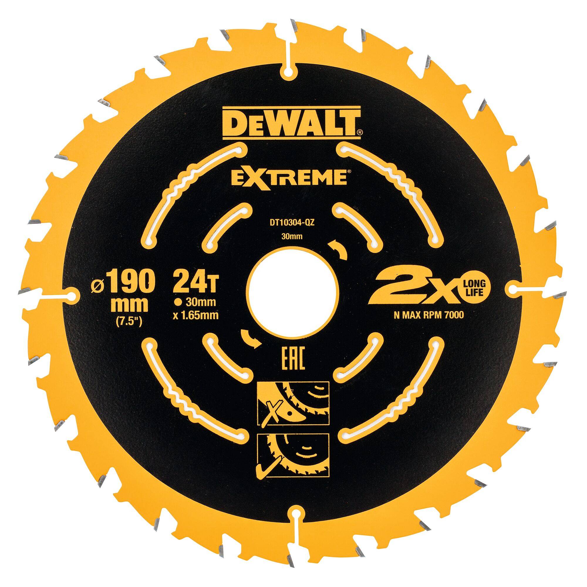 DeWalt Extreme Kreissägeblatt, 190 mm Durchmesser, 24 Zähne, zum Schneiden von Holz, mit „2x längere Lebensdauer