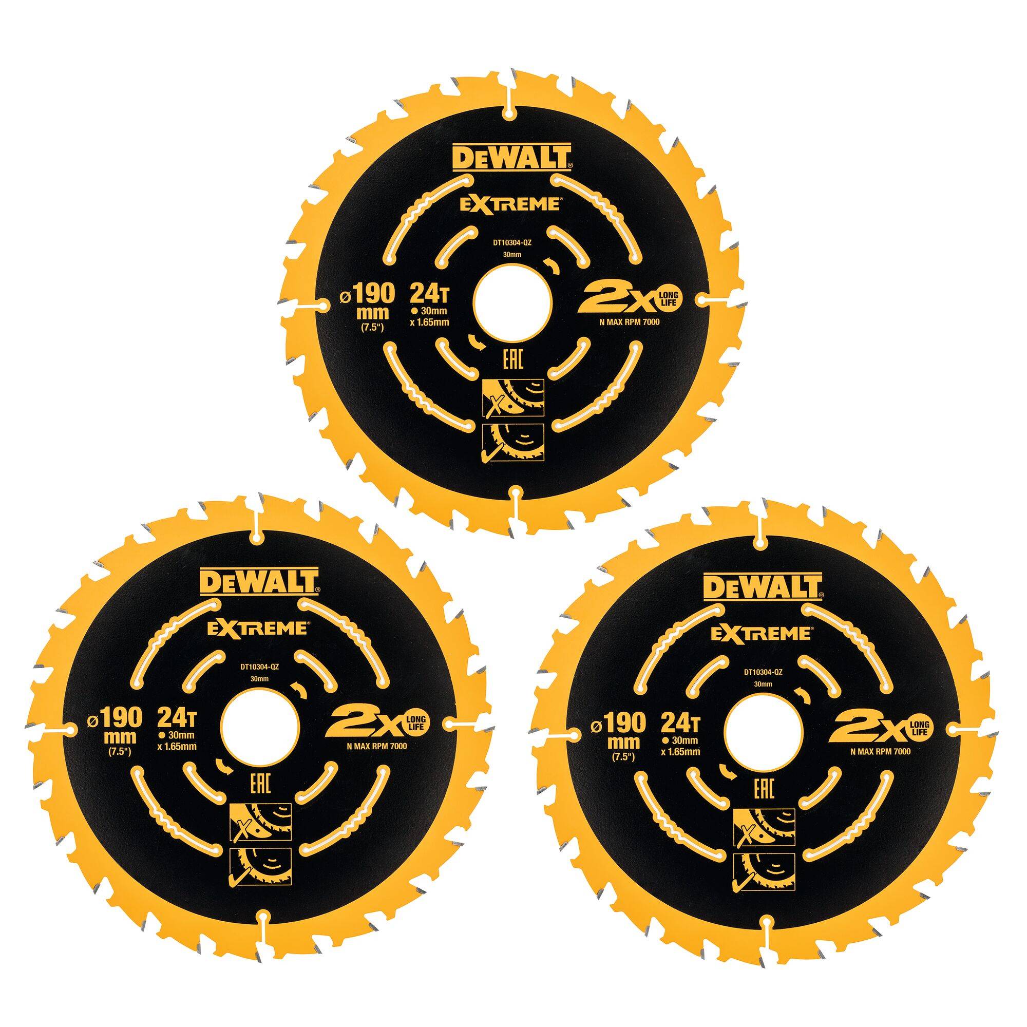 Drei DeWALT Extreme Kreissägeblätter in Schwarz und Gelb, dargestellt in einem produktstilisierten Layout auf weißem Hintergrund.