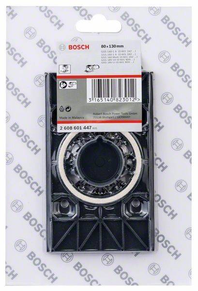 Eine verpackte Bosch-Werkzeugkomponente mit Barcode, Modellnummer '2 608 601 447' und Etikett, das angibt, dass sie in Malaysia hergestellt wurde.
