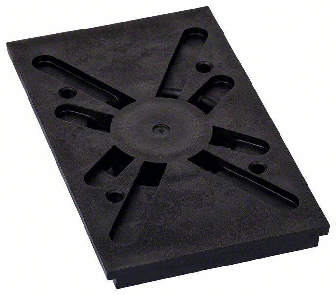 Eine schwarze, rechteckige Kunststoffkomponente mit einem sternförmigen Design aus Schlitzen und Löchern, möglicherweise für Montage- oder strukturelle Zwecke.