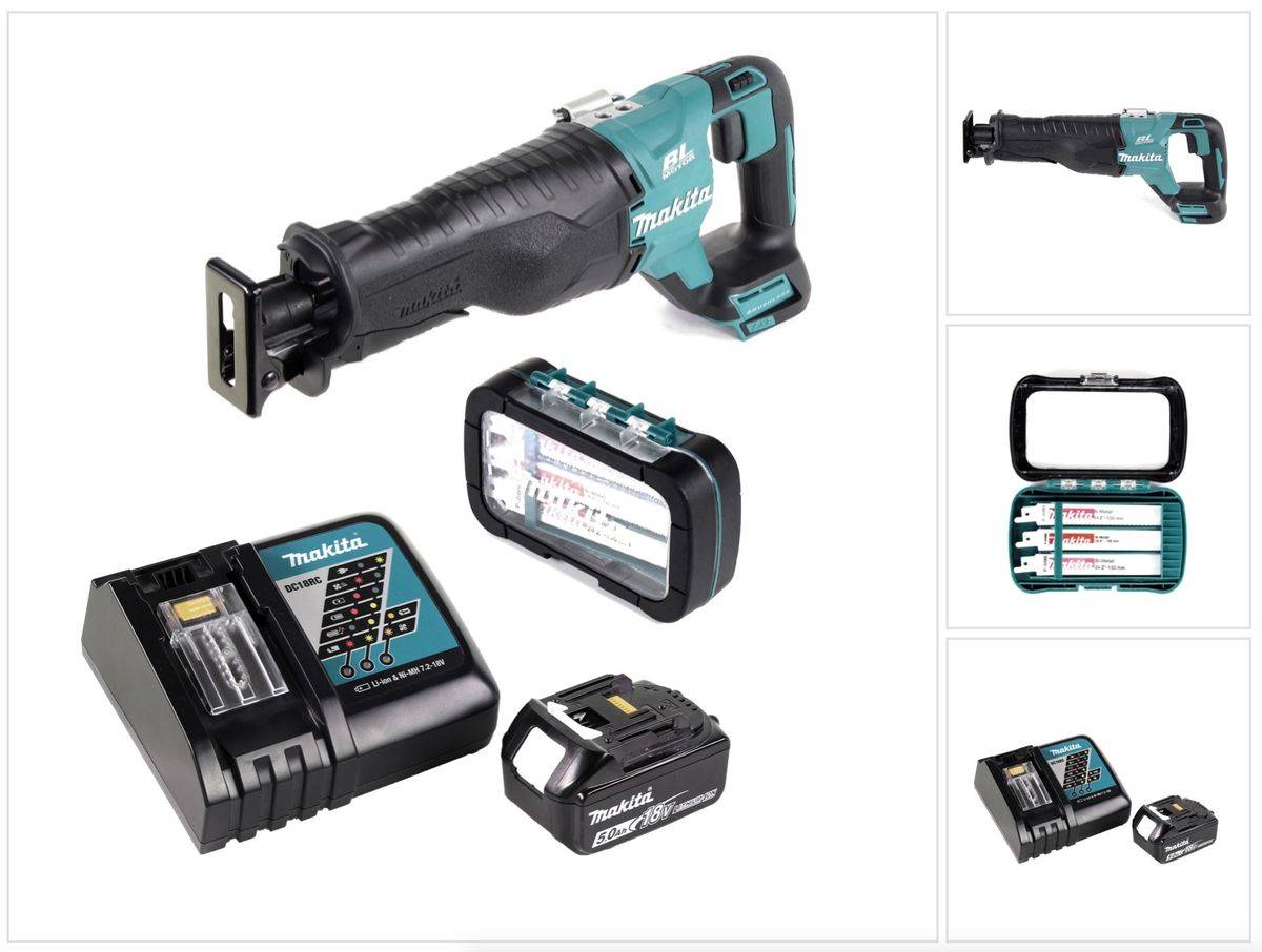Makita DJR 187 RT Akku Reciprosäge 18 V Brushless Säbelsäge + 1x Reciprosägeblatt Sortiment ( P-81290 ) + 1x 5,0 Ah Akku + Ladegerät