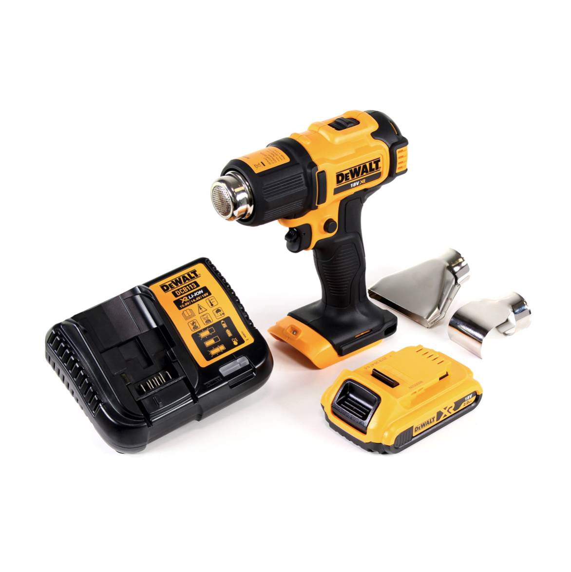 DeWalt DCE 530 D1 Akku Heißluftpistole 18V 530°C + 1x Akku 2,0Ah + 1x Lader + Flächen- und Reflektordüse