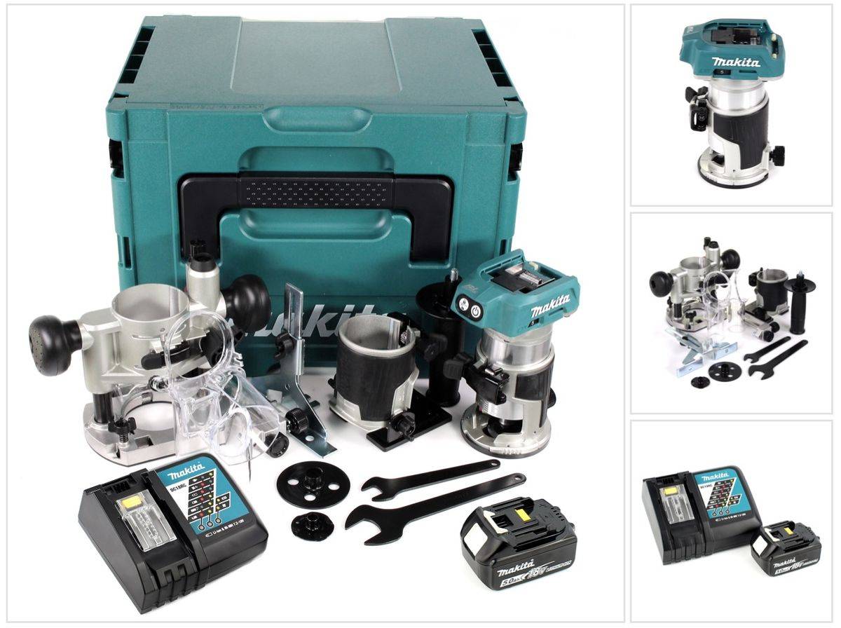 Makita DRT 50 RT1J X2 18 V Li-Ion Akku Brushless Multifunktionsfräse im Makpac inkl. Fräsmodule + 1x 5,0 Akku + Ladegerät