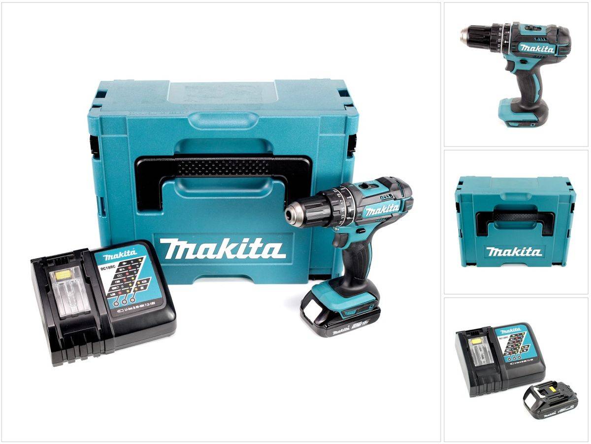 Makita DHP 482 RY1J Akku Schlagbohrschrauber 18V 62Nm im Makpac + 1x 1,5 Ah Akku + Ladegerät