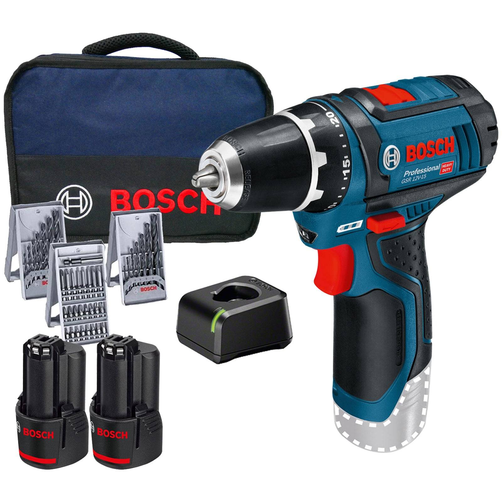 Ein Bosch Akku-Bohrschrauber-Set mit Bohrmaschine, zwei Akkupacks, Ladegerät, verschiedenen Bohrern und einem Transportkoffer, das das komplette Set präsentiert.
