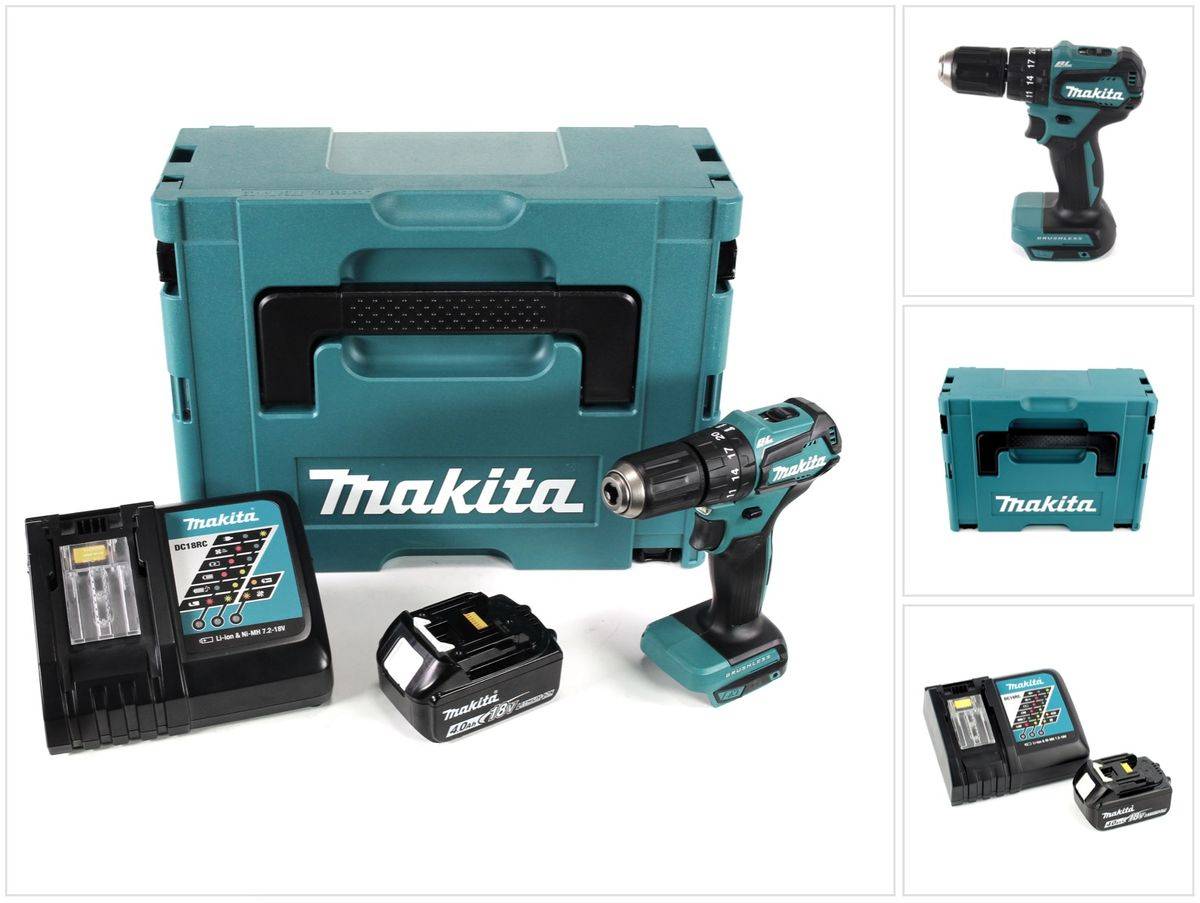 Makita DHP 483 RM1J Akku Schlagbohrschrauber 18V 40Nm im Makpac + 1x 4,0 Ah Akku +Ladegerät