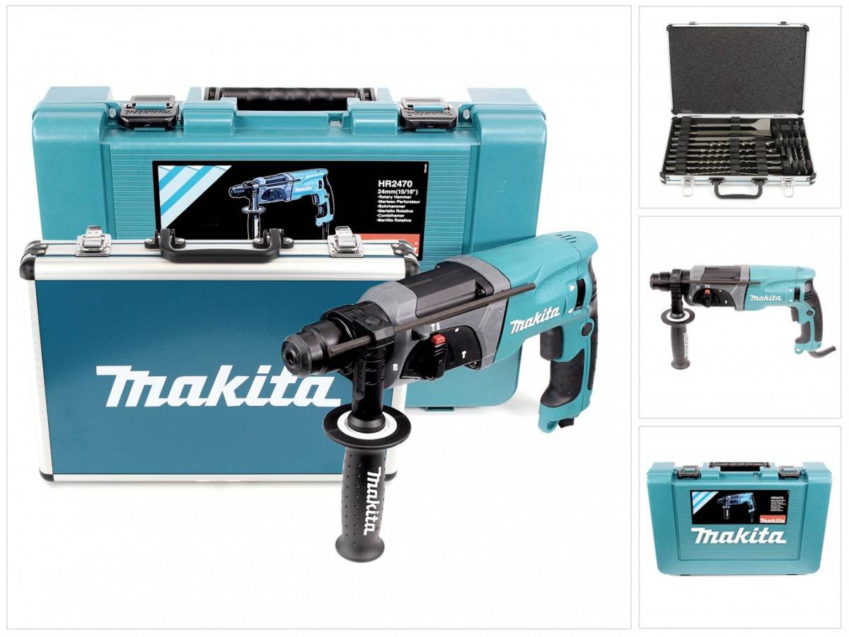 Makita HR 2470 780 W SDS-Plus 24 mm Bohrhammer im Koffer + D-42444 SDS-Plus Bohrer-Meißel-Set 17 tlg. im Alu Koffer