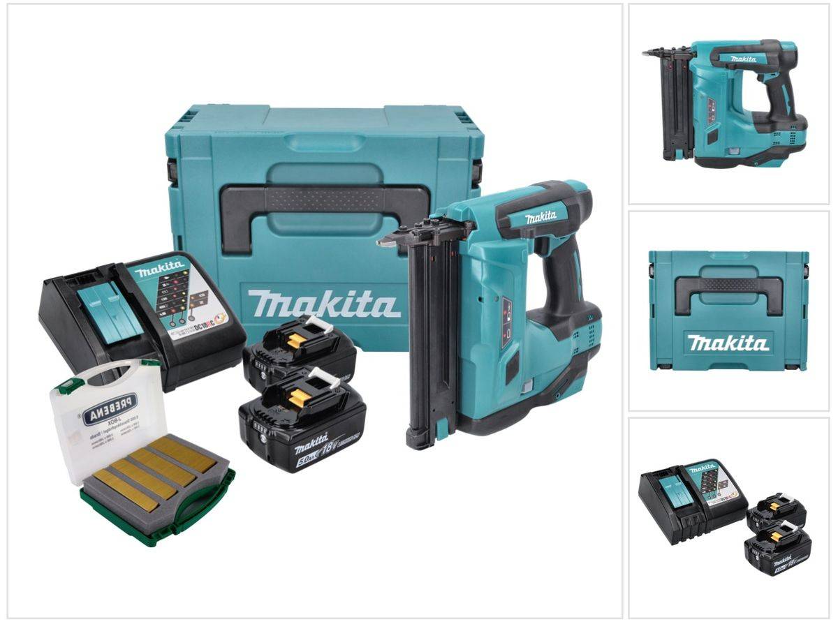 Makita DBN 500 RTJ Akku Stauchkopfnagler 18 V 15-50 mm + 2x Akku 5,0 Ah + Ladegerät + Makpac + J-Box 8000 Nägel