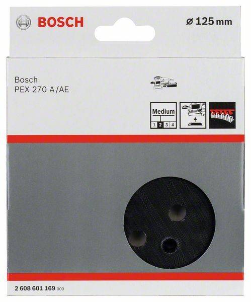 Eine Verpackungsbox für den Bosch PEX 270 A/AE Schleifer, mit einer kreisförmigen schwarzen Schleifunterlage. Enthält ein Diagramm, das die Einstellungen für die Schleifkorngröße anzeigt.