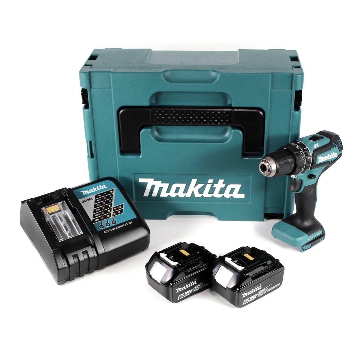 Makita DHP 485 RGJ Akku Schlagbohrschrauber 18V 50Nm + 2x Akku 6,0Ah + Schnellladegerät + Makpac