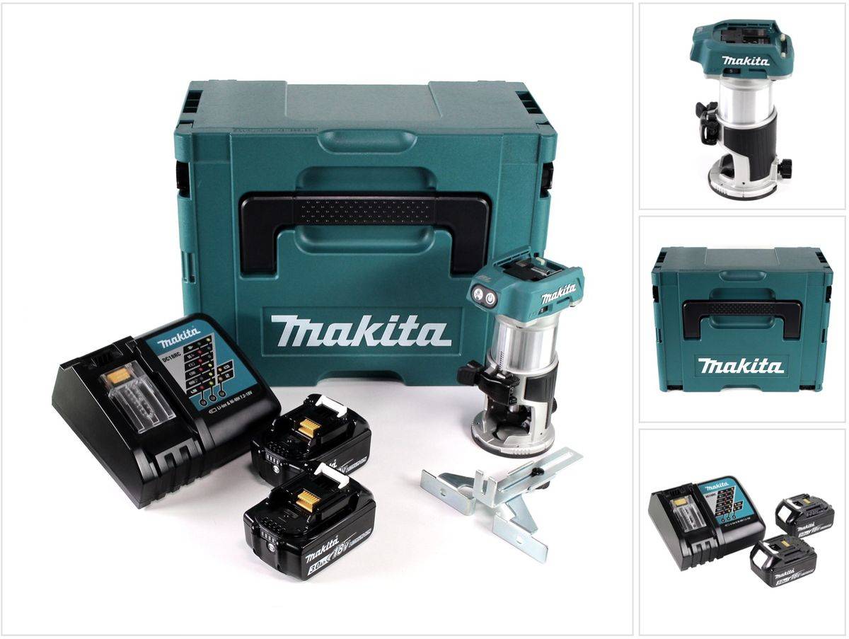 Makita DRT 50 RFJ Akku Multifunktionsfräse brushless 18V + 2x Akkus 3,0 Ah + Schnellladegerät im Makpac 3