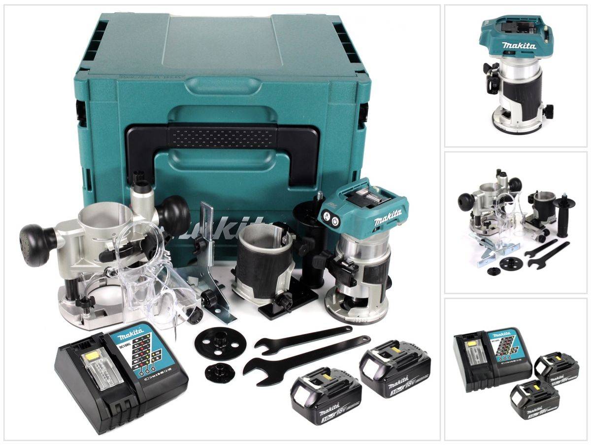 Makita DRT 50 RFJ X2 18 V Li-Ion Akku Brushless Multifunktionsfräse im Makpac inkl. Fräsmodule + 2x 3,0 Akku + Ladegerät