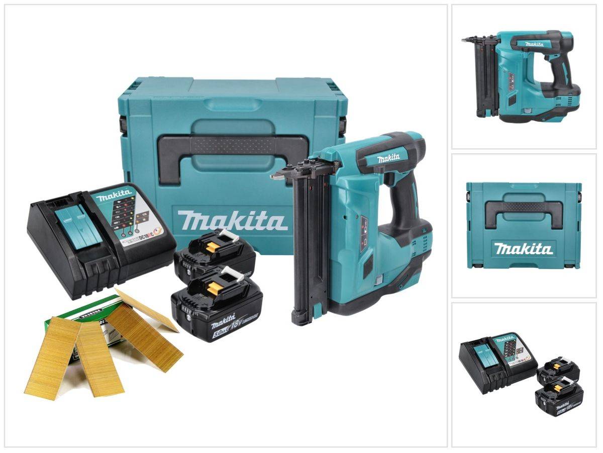 Makita DBN 500 RTJ Akku Stauchkopfnagler 18 V 15-50 mm + 2x Akku 5,0 Ah + Ladegerät + Makpac + Stauchkopfnägel 50 mm 20000 Stück