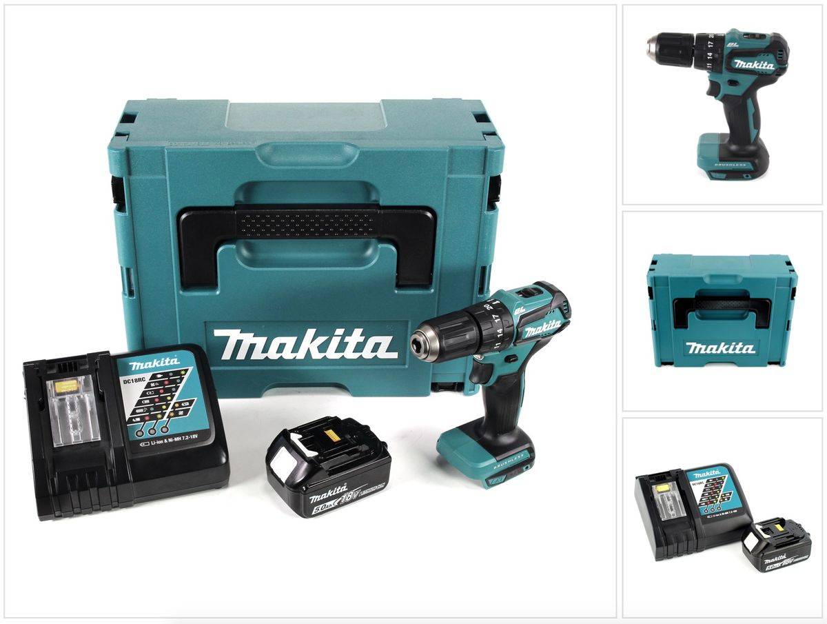 Makita DHP 483 RT1J Akku Schlagbohrschrauber 18V 40Nm im Makpac + 1x 5,0 Ah Akku +Ladegerät
