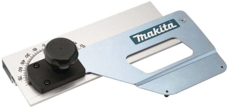 Ein Makita-Werkzeugbestandteil mit einem schwarzen Knopf und einer Metallverlängerung, möglicherweise eine Führung oder ein Zubehör, teilweise vor einem weißen Hintergrund abgebildet.