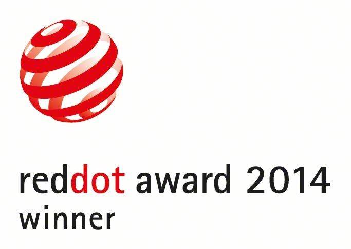 Logo des Red Dot Award 2014 Preisträgers mit einem roten, globusähnlichen Design mit spiralförmigen Streifen.