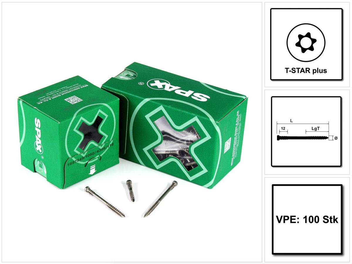 SPAX Terrassenschraube 5,0 x 80 mm Edelstahl A2 ( 0537000500803 ) 100 Stk Fixiergewinde Zylinderkopf Torx T-STAR Plus T25 CUT