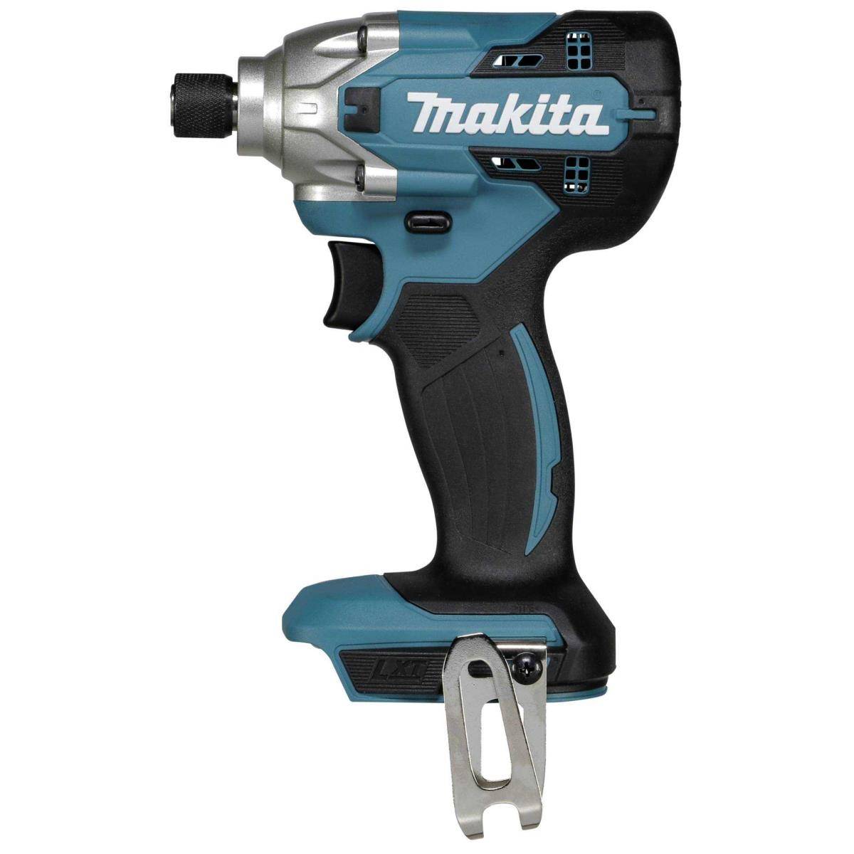 Makita Akku-Schlagschrauber, blau und schwarz, in Seitenansicht auf weißem Hintergrund dargestellt.
