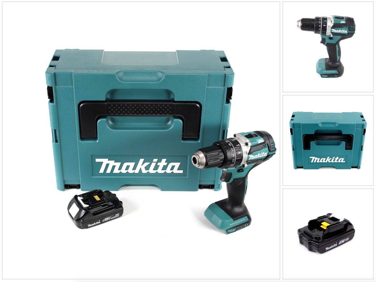 Makita DHP 484 Y1J 18V Brushless Li-Ion Akku Schlagbohrschrauber im Makpac inkl. 1x BL 1815 N 1,5 Ah Akku - ohne Ladegerät