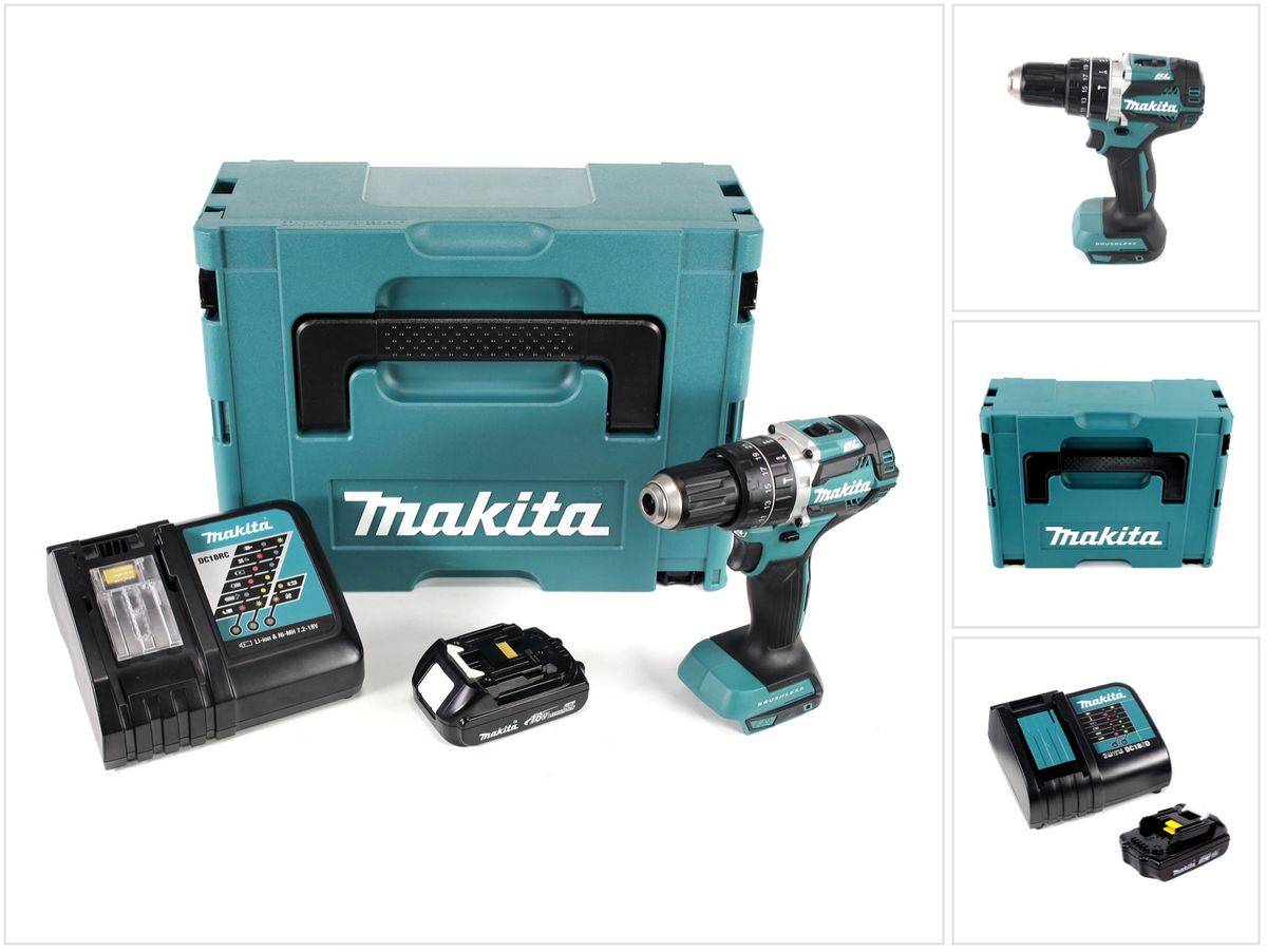 Makita DHP 484 Y1J-D 18V Brushless Li-Ion Akku Schlagbohrschrauber im Makpac inkl. 1x BL 1815 N 1,5 Ah Akku und DC18RC Ladegerät