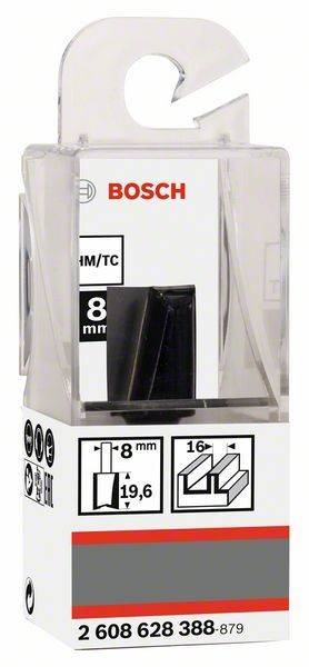 Bosch-Fräser aus Hartmetall mit 16 mm Durchmesser und 8 mm Schaftdurchmesser, dessen Verpackung das Bosch-Logo und technische Details zeigt.