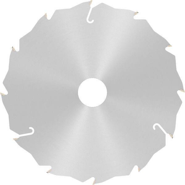 Eine Kreissägeblatt mit scharfen, spitzen Zähnen am Rand und einem Loch in der Mitte, verwendet zum Schneiden von Materialien wie Holz oder Metall.