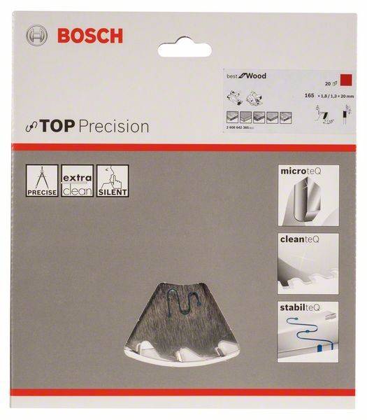 Bosch-Sägeblatt-Verpackung mit Aufdruck des 'Top Precision' Sägeblatts für Holz, das folgende Merkmale hervorhebt: präzise, besonders sauber, geräuscharm, 165 mm Durchmesser.