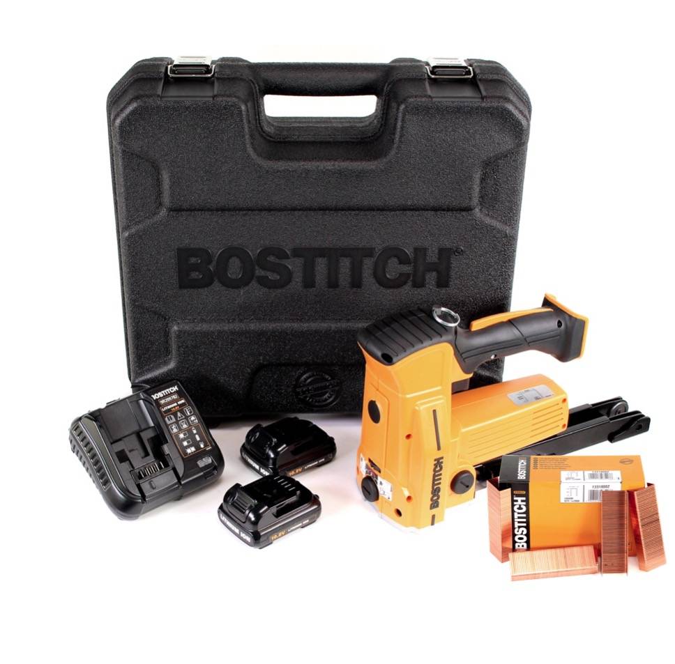 Bostitch DSA-3522-E 10,8 V Akku Kartonverschlusshefter Karton Tacker im Koffer + 2x 1,5 Ah Akku + Ladegerät + 2000 Stk. Kartonklammern 18 mm