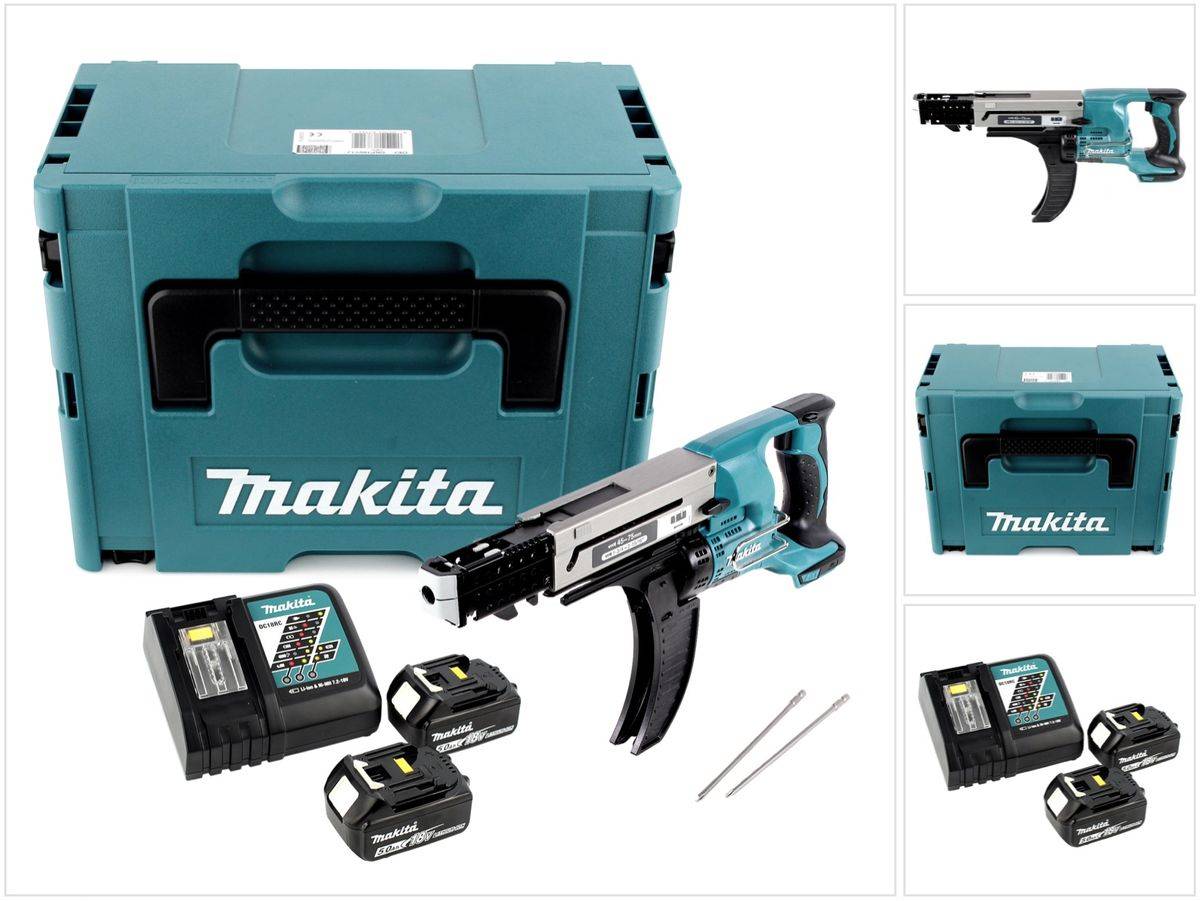 Makita DFR 750 RTJ Akku Magazinschrauber 18V 45-75mm + 2x Akku 5,0Ah + Ladegerät + Makpac