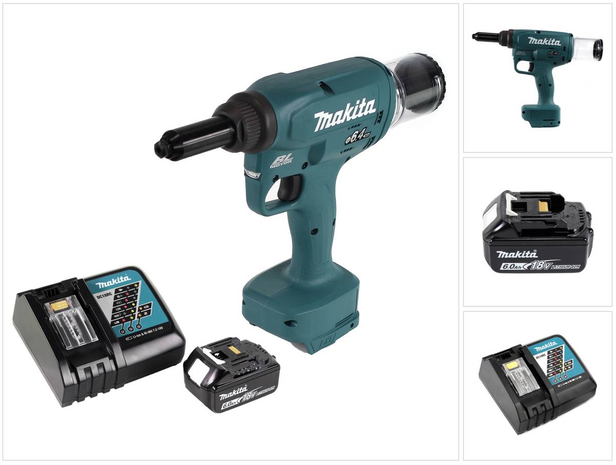 Makita DRV 250 RG1 Akku Blindnietsetzgerät 18V 20kN Brushless + 1x Akku 6,0Ah + Ladegerät