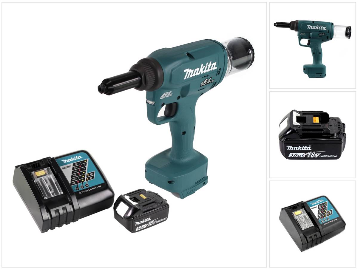 Makita DRV 250 RF1 Akku Blindnietsetzgerät 18V 20kN Brushless + 1x Akku 3,0Ah + Ladegerät