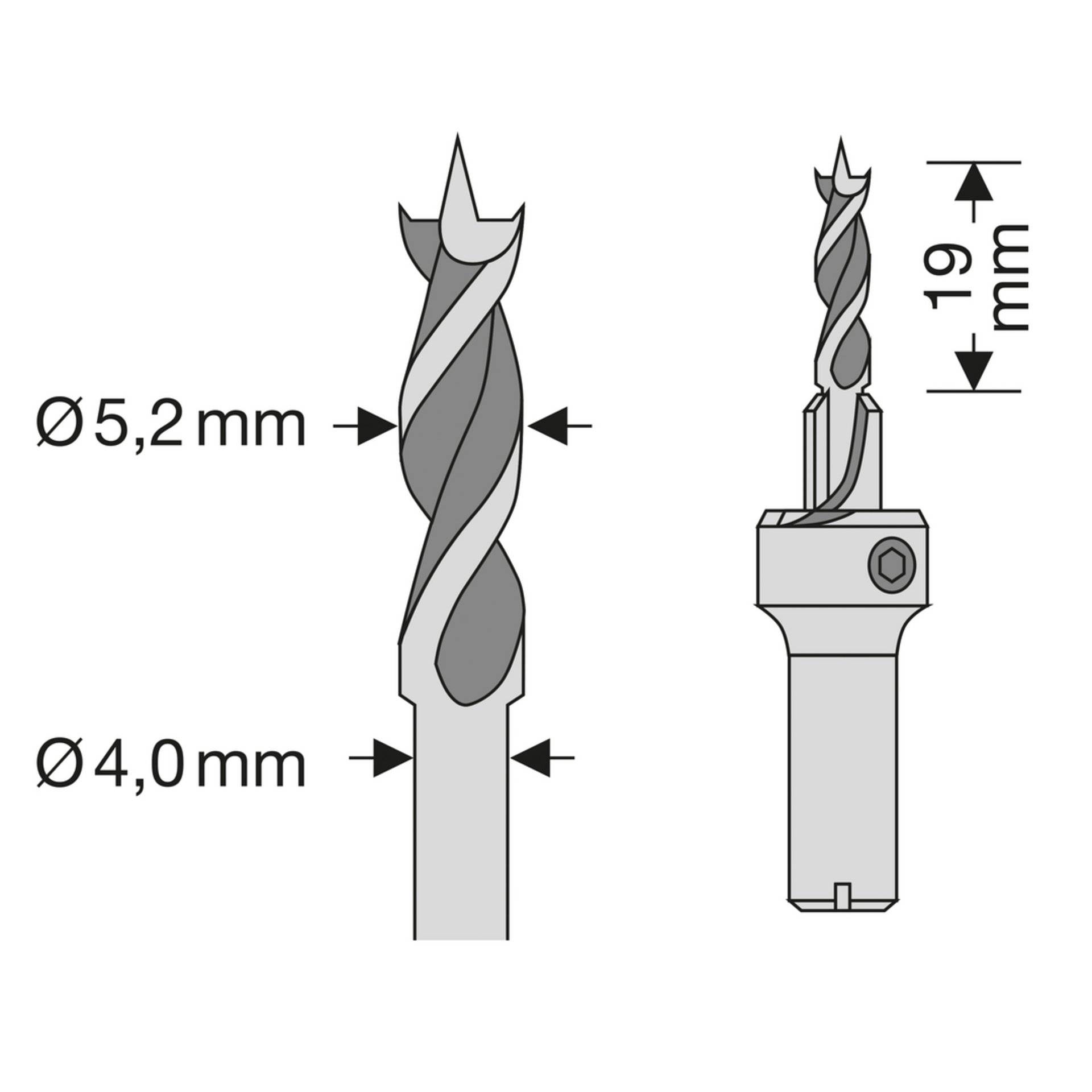 Diagramm eines 5,2-mm-Bohrers mit einer Länge von 19 mm und einem kleineren Durchmesser von 4,0 mm, wobei die genauen Größenangaben hervorgehoben werden.