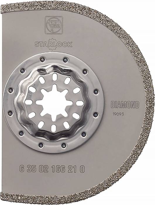 Nahaufnahme einer Starlock-Diamanttrennscheibe mit rundem Metallkörper, zentraler sternförmiger Halterung und abgenutzter Schleifkante.
