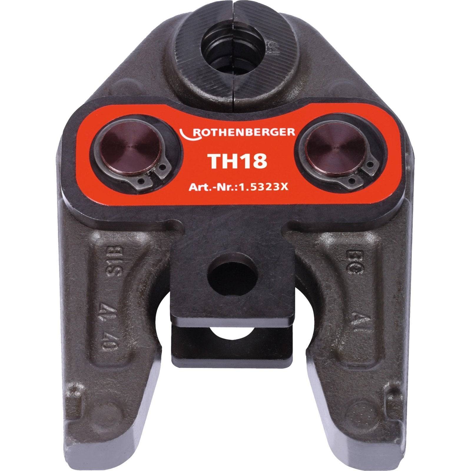 Ein Metallwerkzeug mit der Bezeichnung 'ROTHENBERGER TH18', mit Referenznummer 'Art.-Nr.:1.5323X', das für das Pressen von Rohranschlüssen entwickelt wurde.