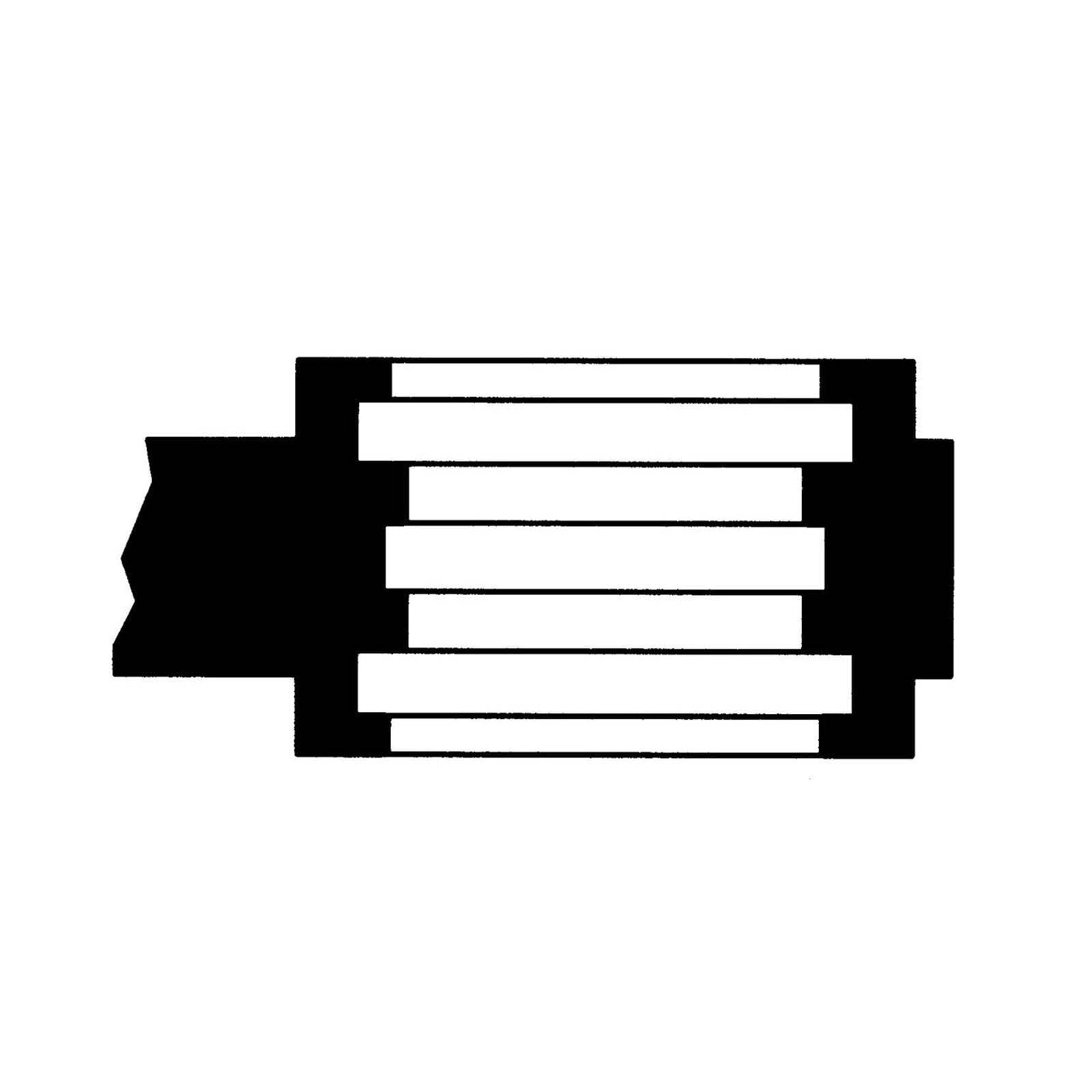 Ein stilisiertes, schwarz-weißes geometrisches Design, das gestapelte horizontale Rechtecke ähnelt, wobei sich auf der linken Seite ein dunkleres, breiteres Rechteck befindet.