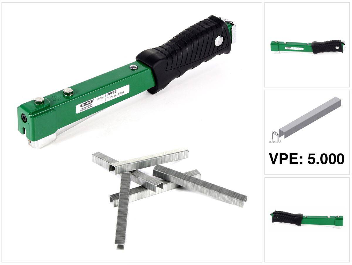 Prebena HFPF09 Hefthammer für Heftklammern Type PF von 6 - 9 mm + Prebena PF09CNK Heftklammern Typ PF 5000 Stück 9 mm verzinkt