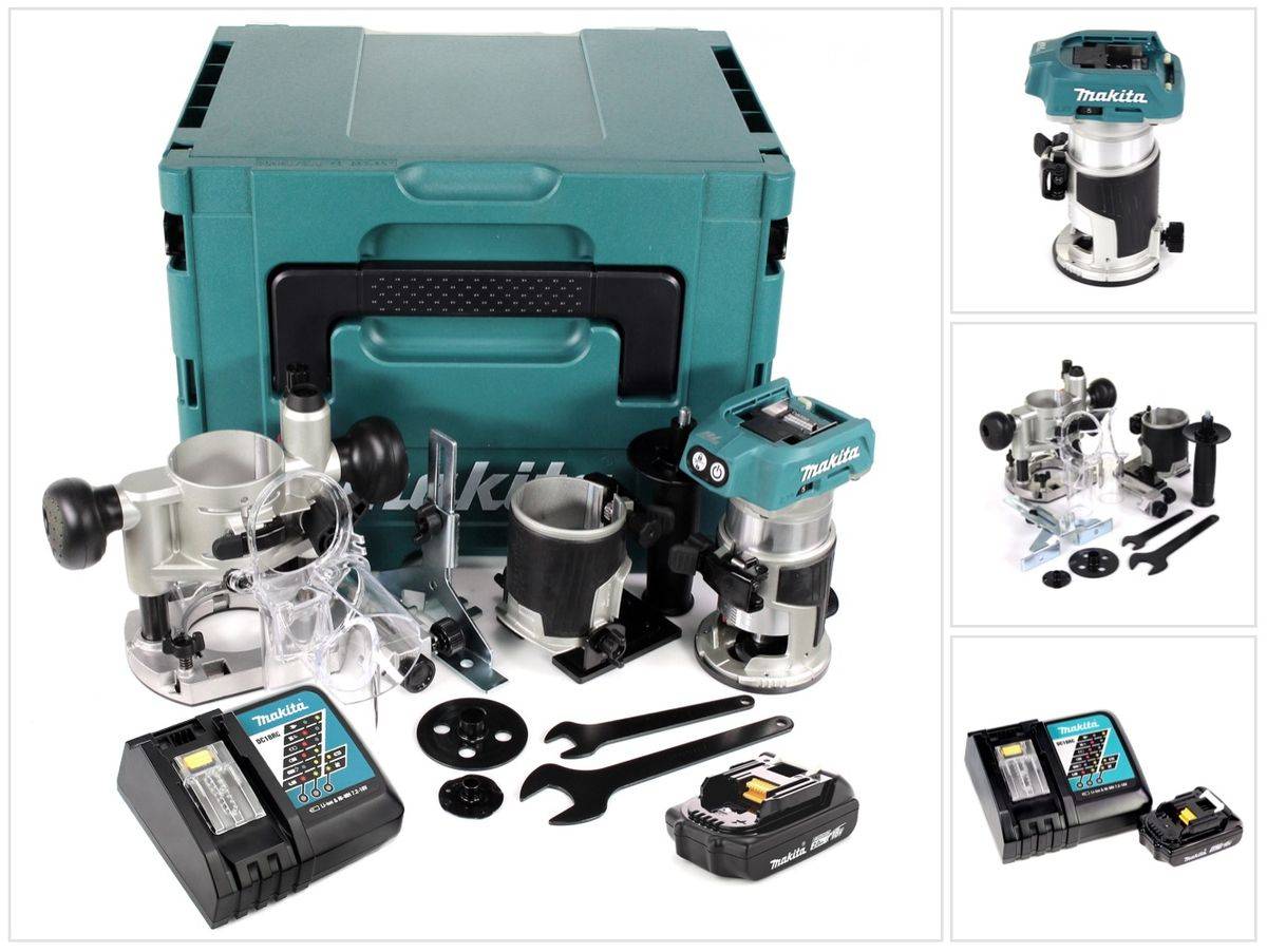 Makita DRT 50 RA1J X2 Akku Multifunktionsfräse 18 V Brushless + 1x Akku 2,0 + Ladegerät + Fräsmodule + Makpac