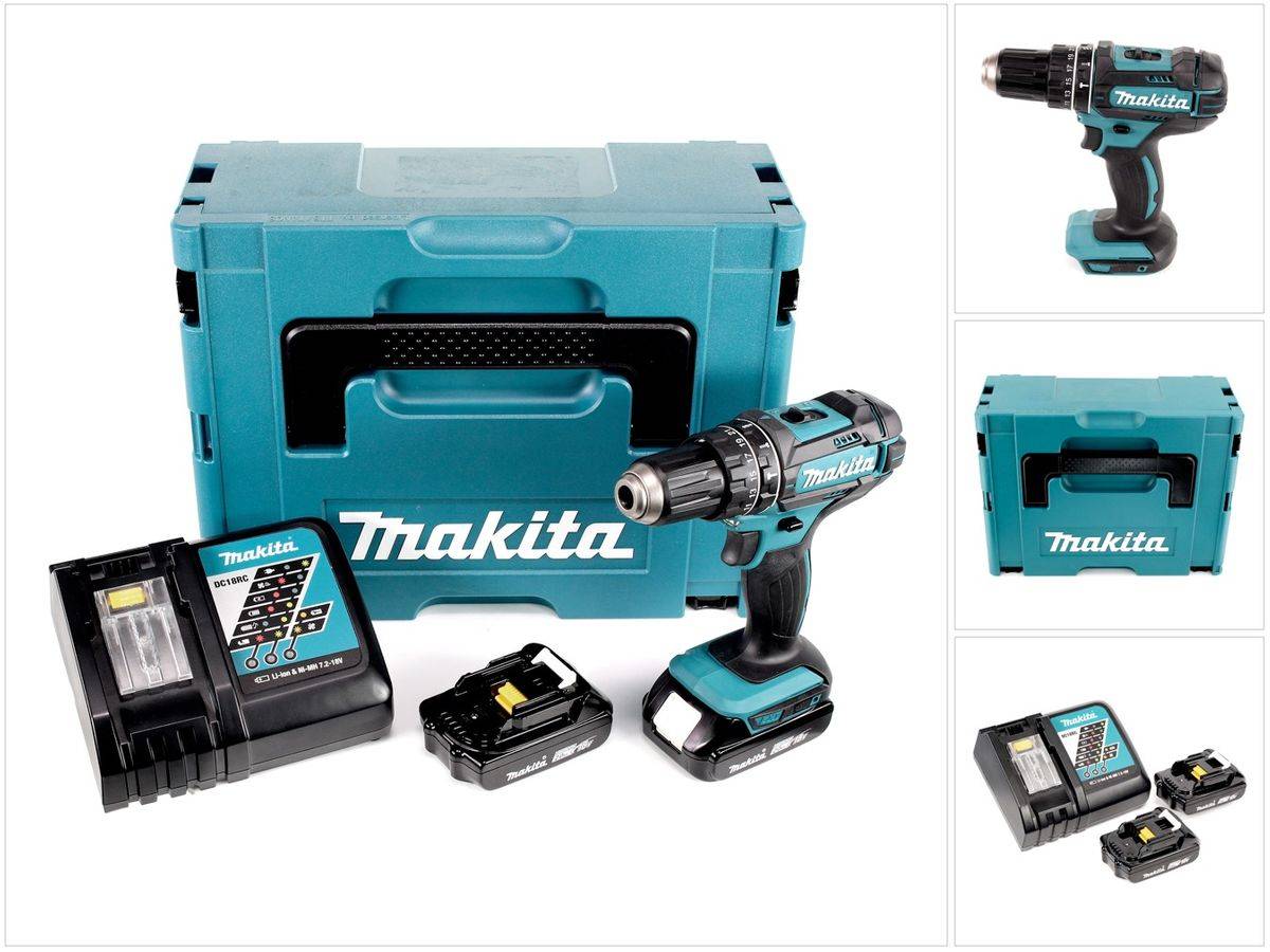 Makita DHP 482 RAJ Akku Schlagbohrschrauber 18 V 62 Nm + 2x Akku 2,0 Ah + Ladegerät + Makpac